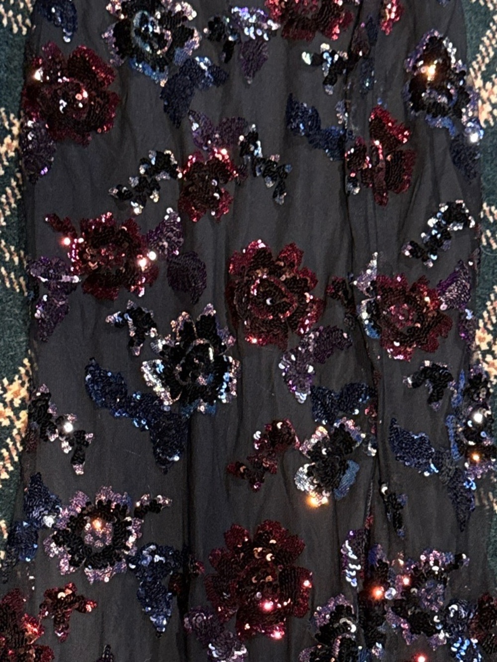 Embellishment Dark Floral Sequin Maxi Dress Satin Bow Waist V-Neck - Picture 8 of 9